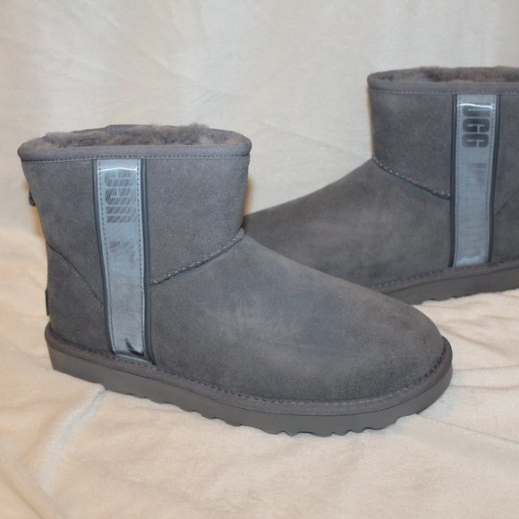 NIB UGG MINI‎ LOGO SUEDE SHEARLING LINED ANKLE BOOTS GRAY 9 - Picture 3 of 7